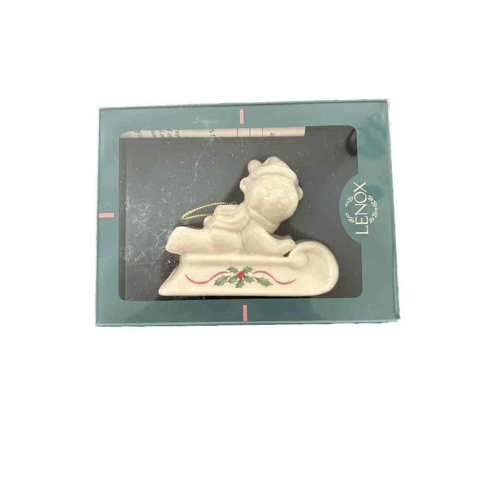 Vintage Lenox Christmas Ornament Teddy Bear on a Sled Porcelain 1996 Collectable